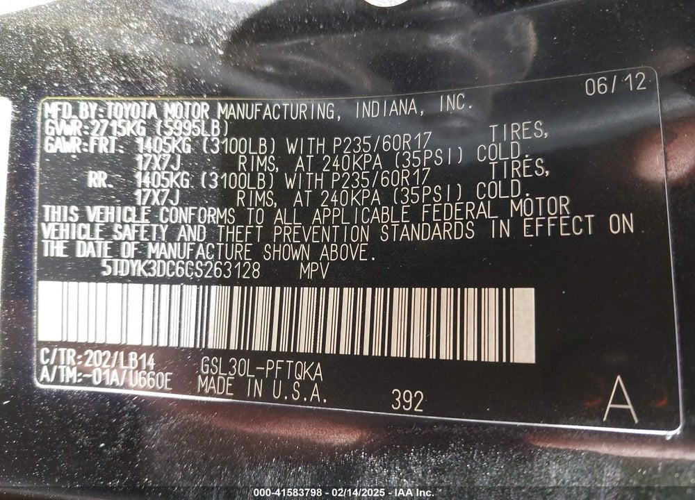 2012 TOYOTA SIENNA VIN: 5TDYK3DC6CS263128