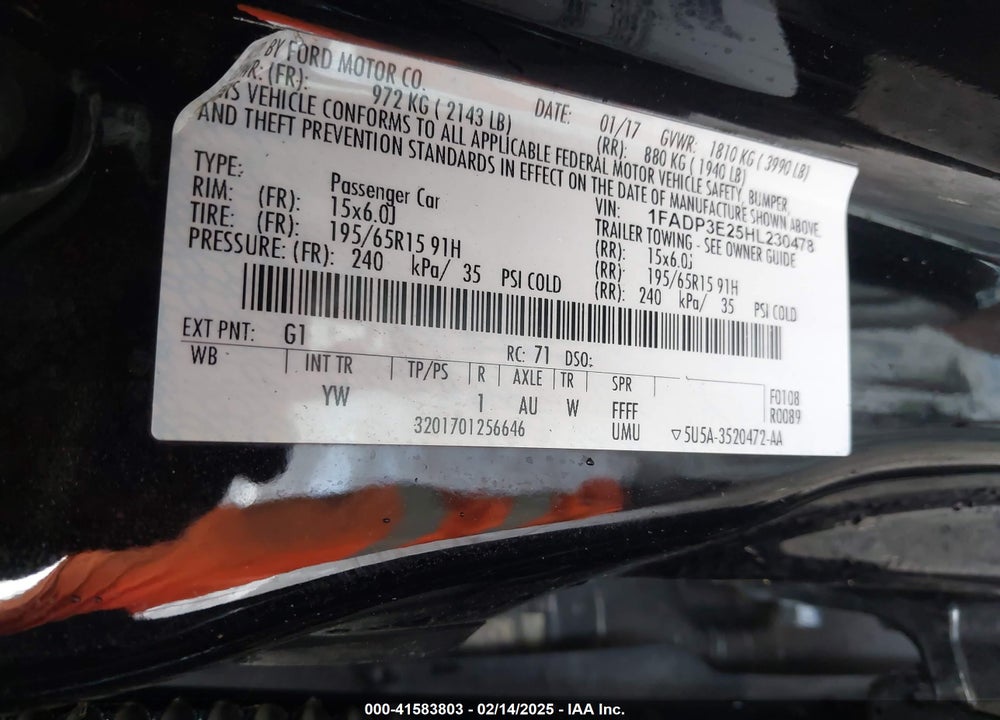 2017 FORD FOCUS VIN: 1FADP3E25HL230478