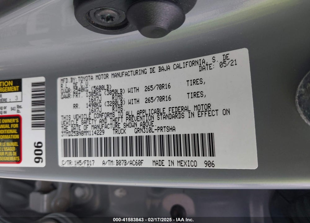 2021 TOYOTA TACOMA VIN: 3TMDZ5BN8MM114229