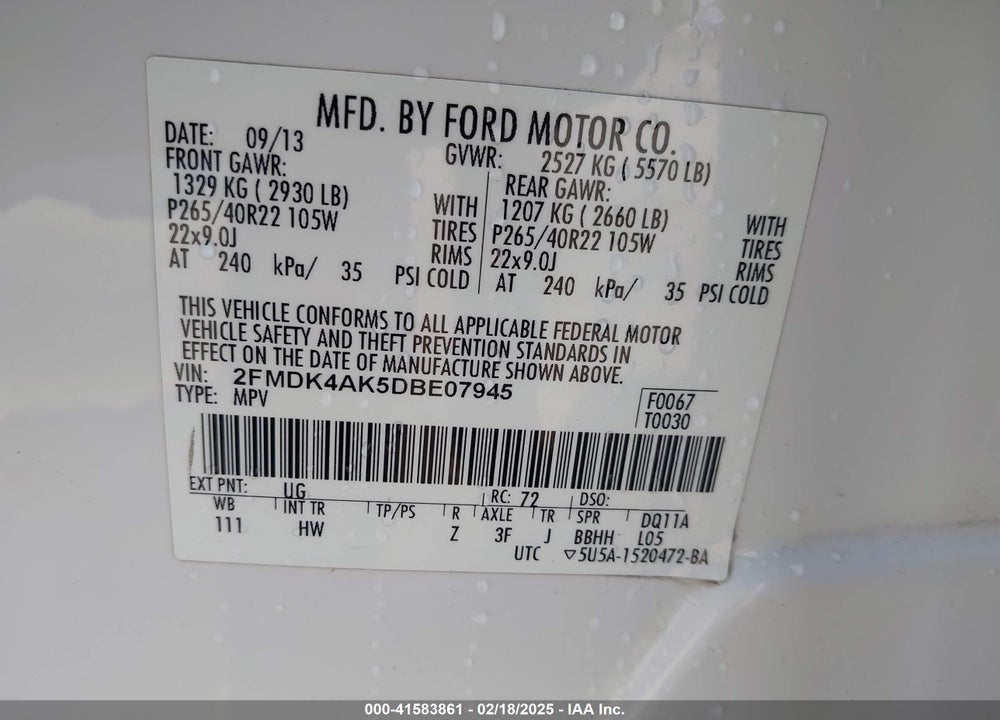 2013 FORD EDGE SPORT VIN: 2FMDK4AK5DBE07945