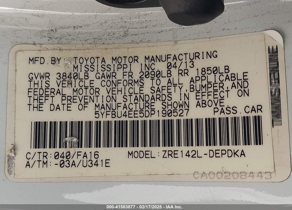 2013 TOYOTA COROLLA L VIN: 5YFBU4EE5DP190527