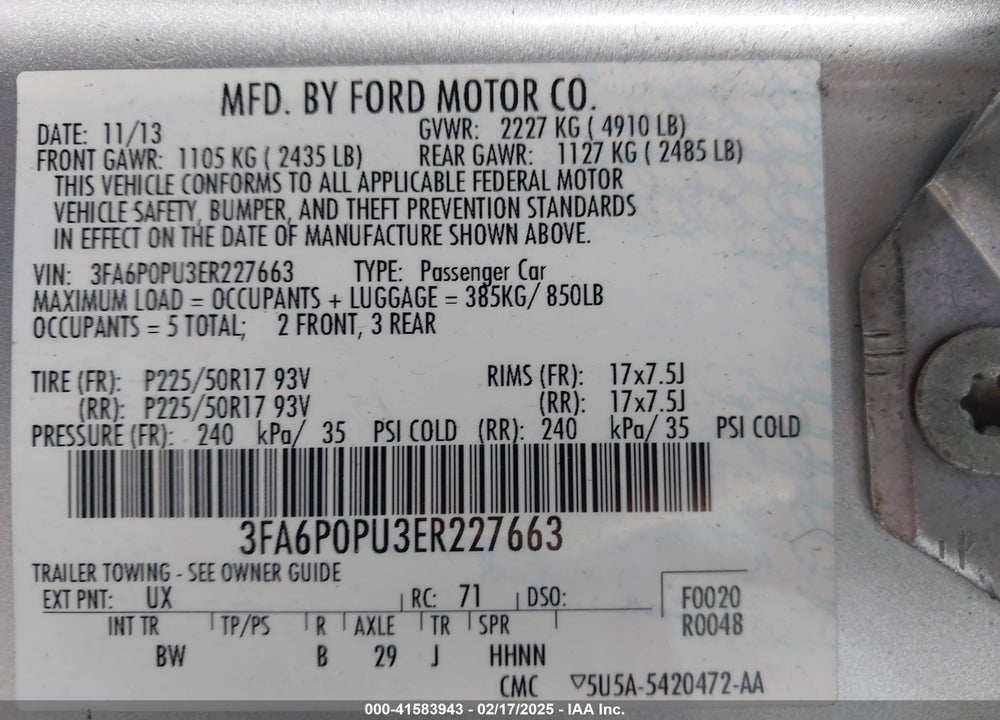 2014 FORD FUSION ENERGI VIN: 3FA6P0PU3ER227663