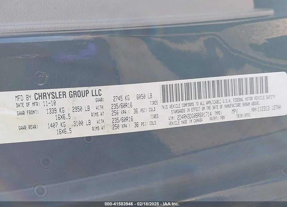 2011 DODGE GRAND CARAVAN MAINSTREET VIN: 2D4RN3DG0BR601714