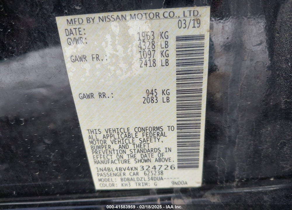 2019 NISSAN ALTIMA VIN: 1N4BL4BV4KN324726