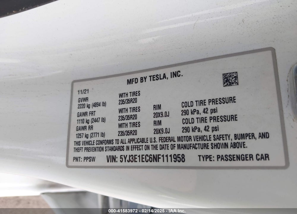 2022 TESLA MODEL 3 VIN: 5YJ3E1EC6NF111958