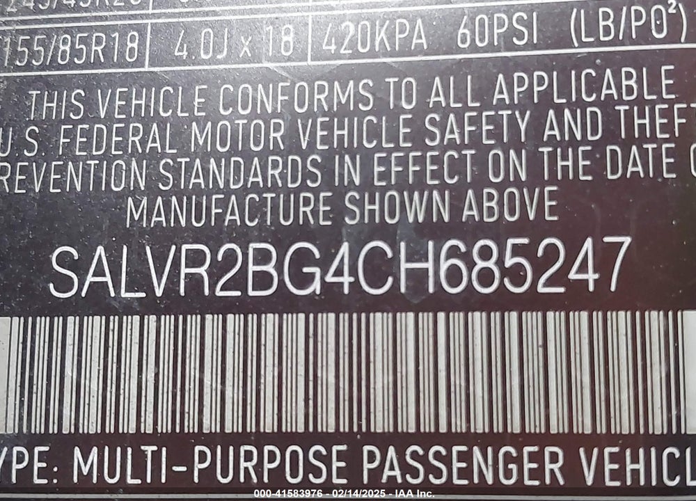 2012 LAND ROVER RANGE ROVER EVOQUE PURE PLUS VIN: SALVR2BG4CH685247