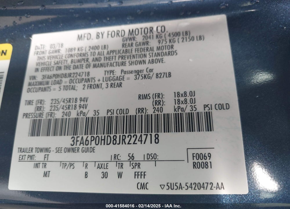2018 FORD FUSION VIN: 3FA6P0HD8JR224718