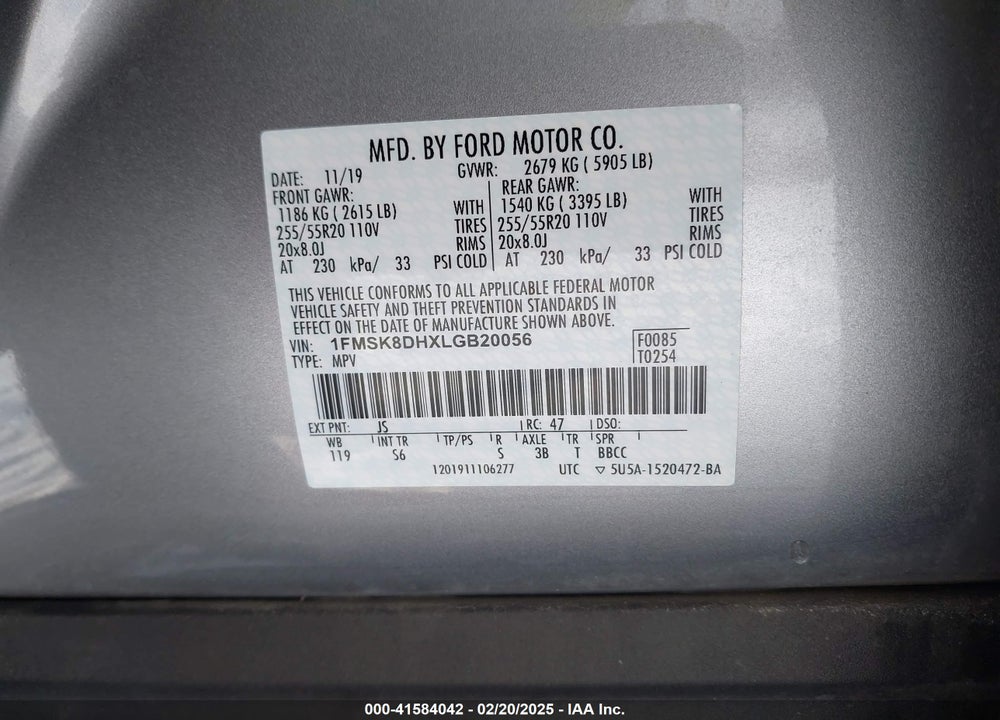2020 FORD EXPLORER XLT VIN: 1FMSK8DHXLGB20056