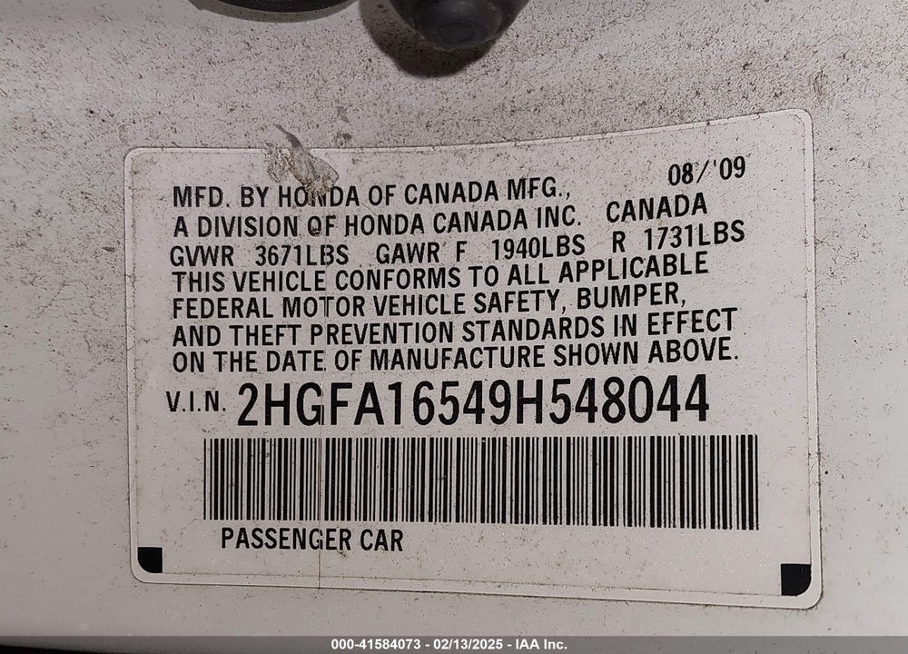 2009 HONDA CIVIC LX VIN: 2HGFA16549H548044