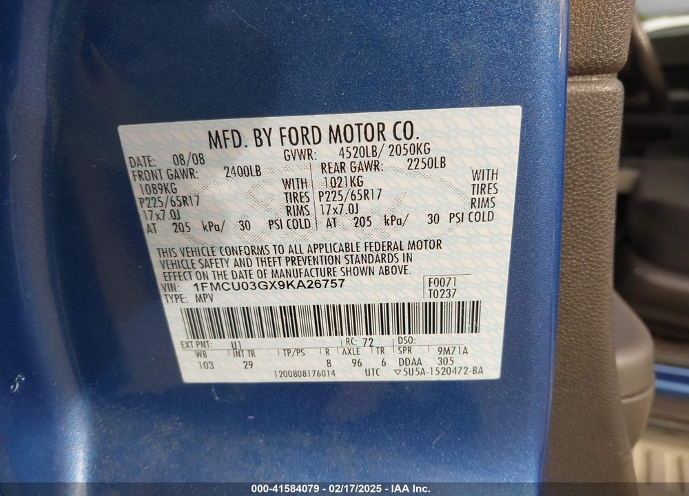 2009 FORD ESCAPE XLT VIN: 1FMCU03GX9KA26757