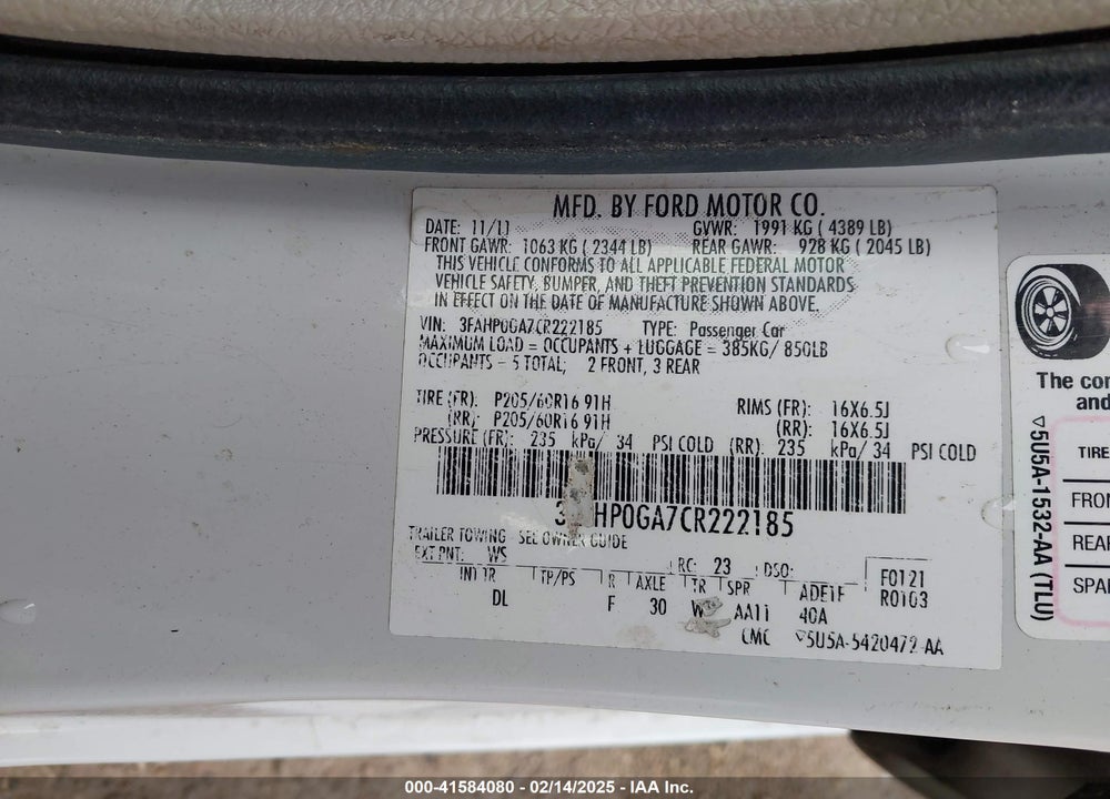2012 FORD FUSION S VIN: 3FAHP0GA7CR222185
