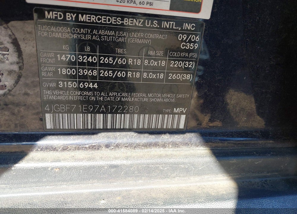 2007 MERCEDES-BENZ GL 450 4MATIC VIN: 4JGBF71E97A172280
