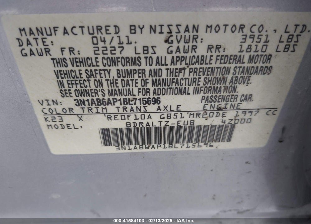 2011 NISSAN SENTRA VIN: 3N1AB6AP1BL715696