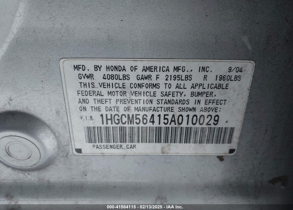 2005 HONDA ACCORD 2.4 LX VIN: 1HGCM56415A010029