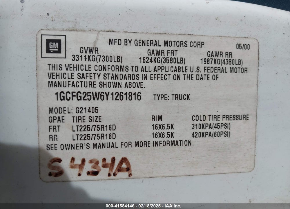 2000 CHEVROLET EXPRESS VIN: 1GCFG25W6Y1261816