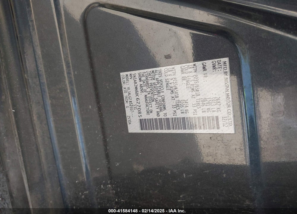 2013 NISSAN PATHFINDER VIN: 5N1AR2MN6DC627085
