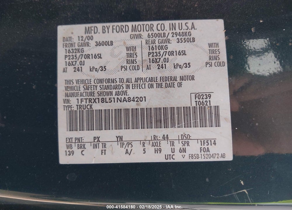 2001 FORD F-150 LARIAT/XL/XLT VIN: 1FTRX18L51NA84201
