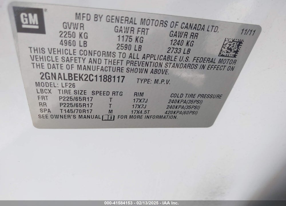 2012 CHEVROLET EQUINOX LS VIN: 2GNALBEK2C1188117