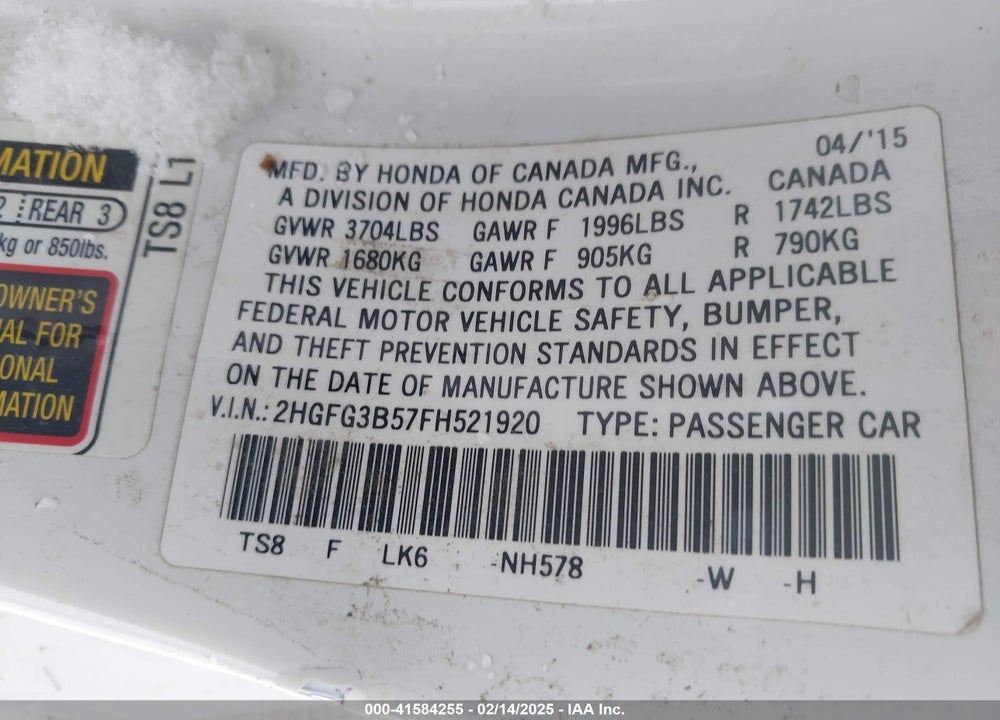 2015 HONDA CIVIC VIN: 2HGFG3B57FH521920