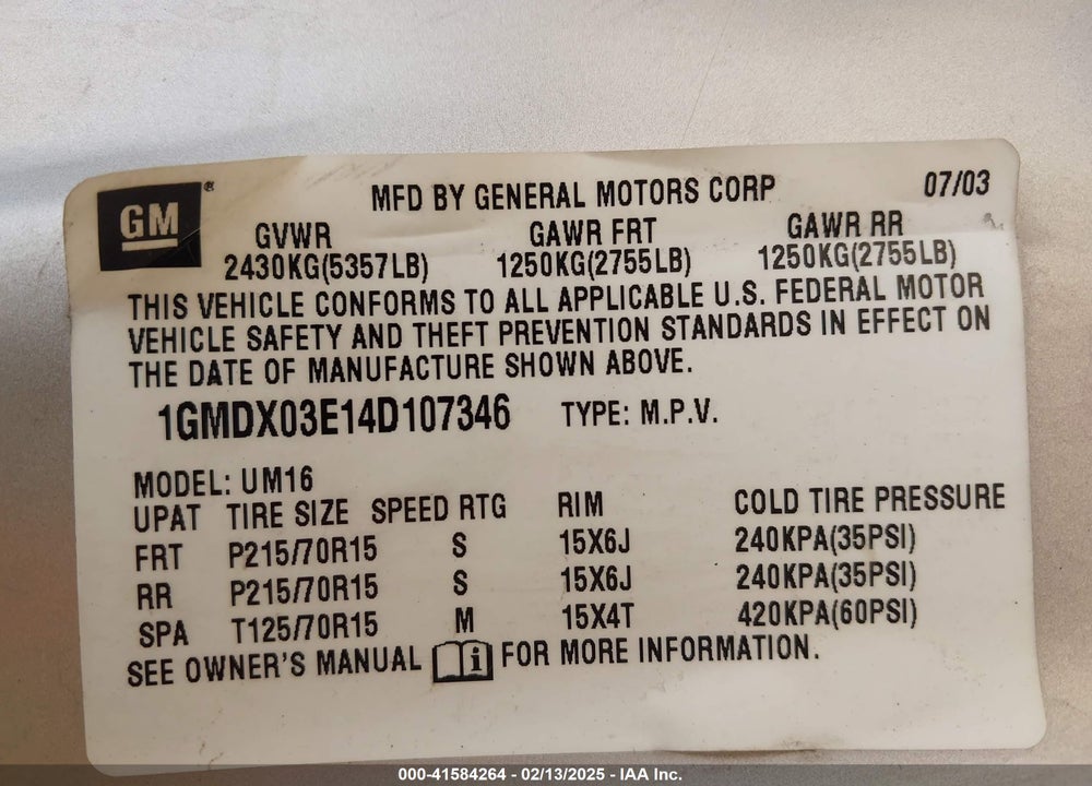 2004 PONTIAC MONTANA VIN: 1GMDX03E14D107346