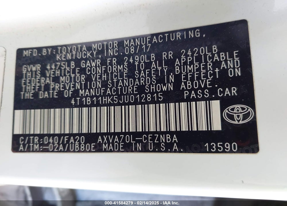 2018 TOYOTA CAMRY VIN: 4T1B11HK5JU012815