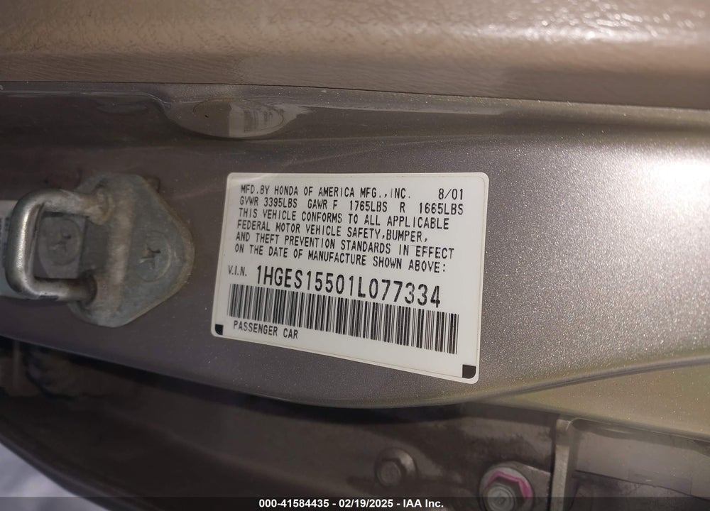 2001 HONDA CIVIC LX VIN: 1HGES15501L077334