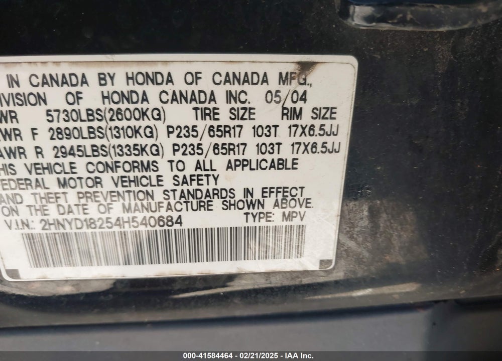 2004 ACURA MDX VIN: 2HNYD18254H540684