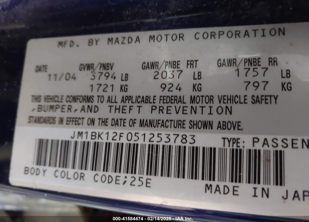 2005 MAZDA 3 I VIN: JM1BK12F051253783