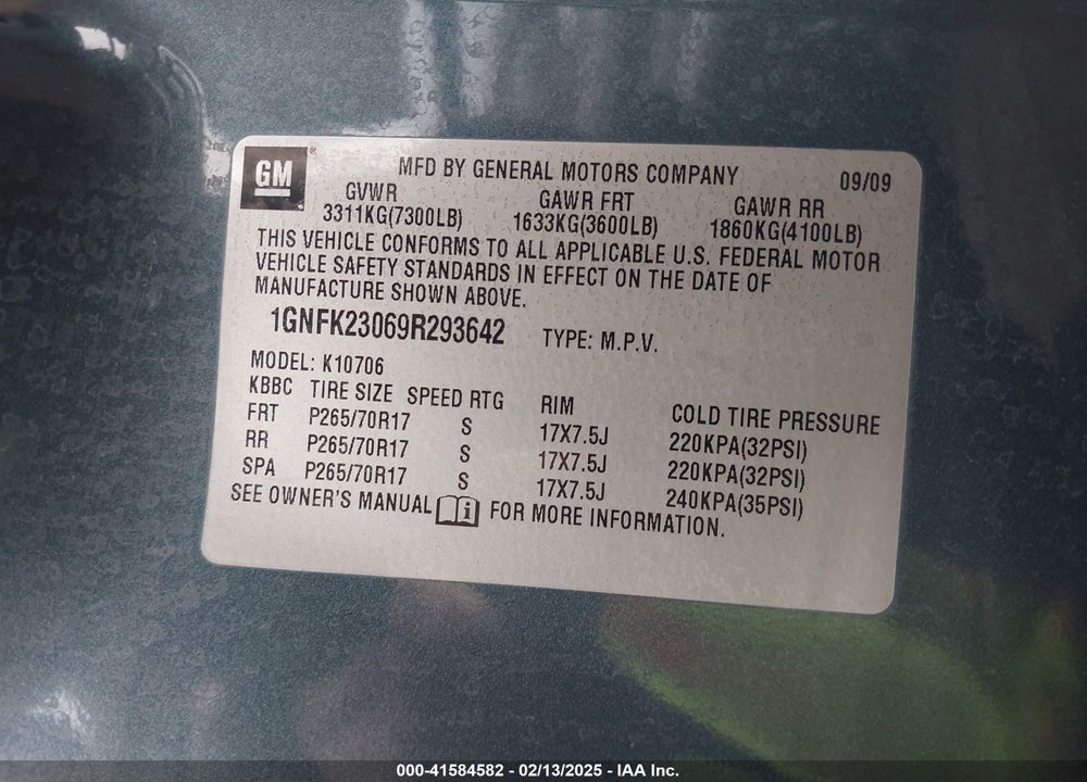 2009 CHEVROLET TAHOE LT1 VIN: 1GNFK23069R293642