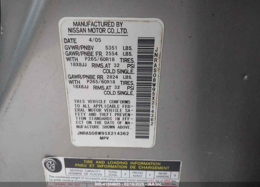 2005 INFINITI FX35 VIN: JNRAS08W95X214362