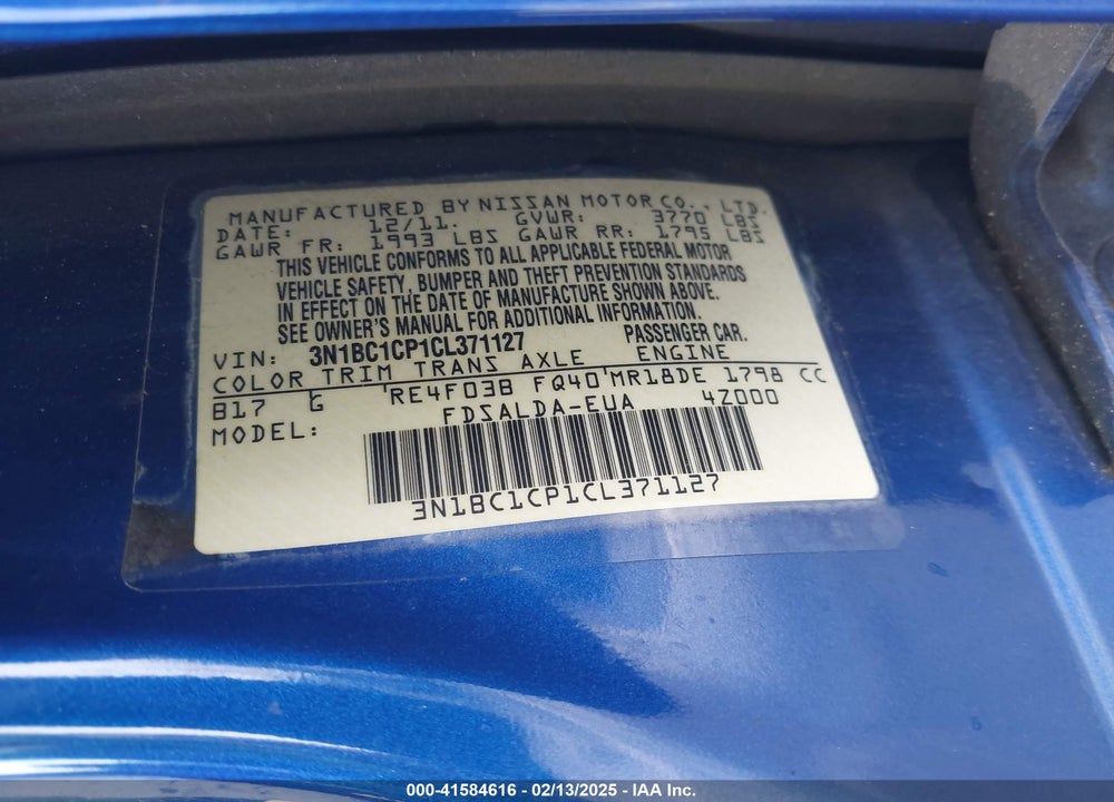 2012 NISSAN VERSA VIN: 3N1BC1CP1CL371127