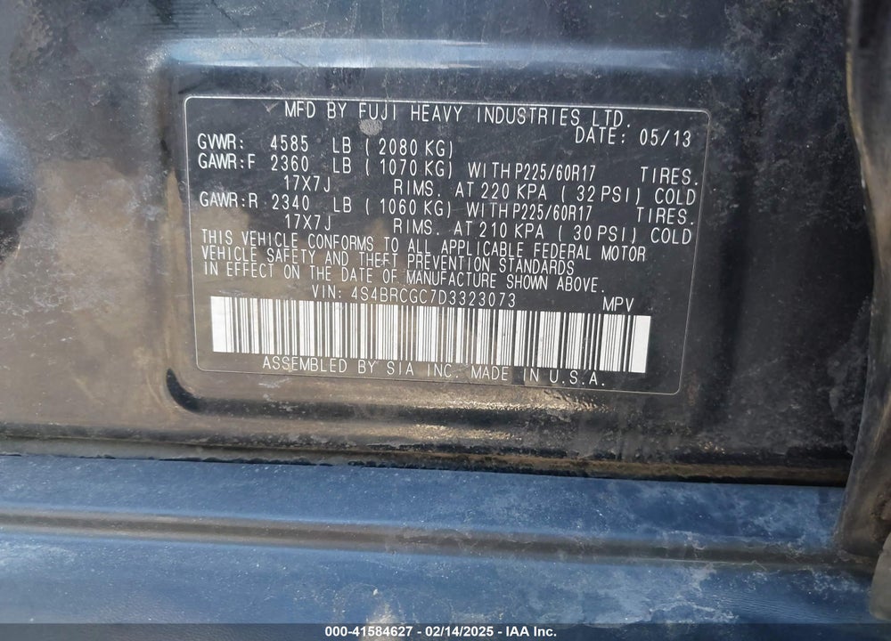 2013 SUBARU OUTBACK VIN: 4S4BRCGC7D3323073