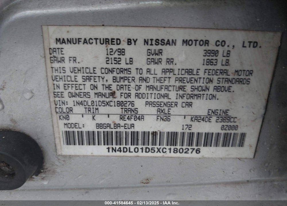 1999 NISSAN ALTIMA VIN: 1N4DL01D5XC180276