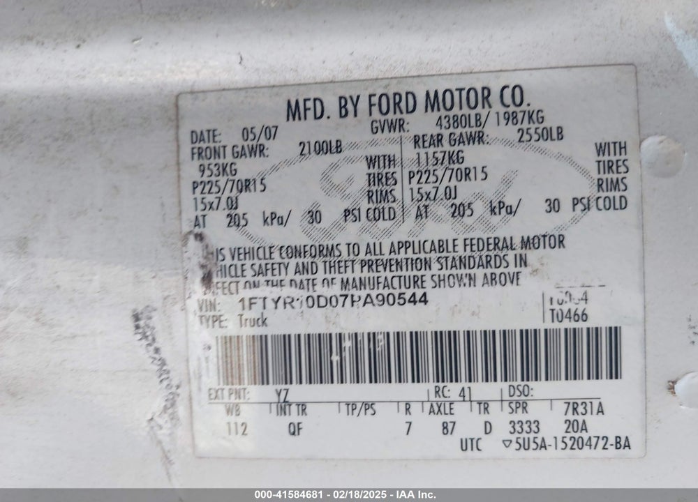 2007 FORD RANGER STX/XL/XLT VIN: 1FTYR10D07PA90544