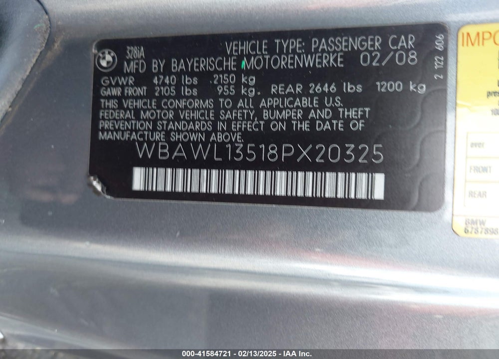 2008 BMW 328I VIN: WBAWL13518PX20325