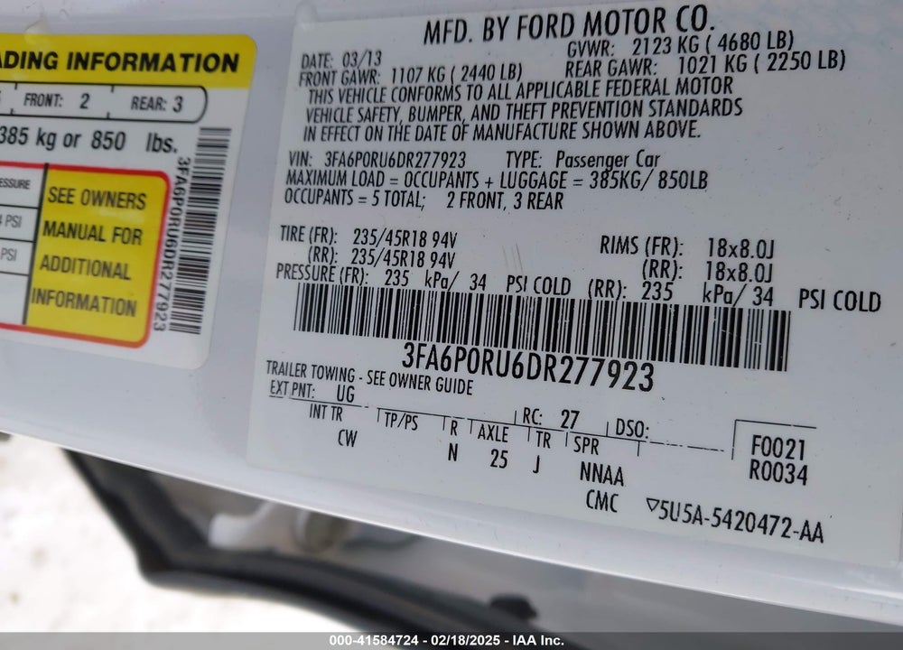 2013 FORD FUSION HYBRID VIN: 3FA6P0RU6DR277923