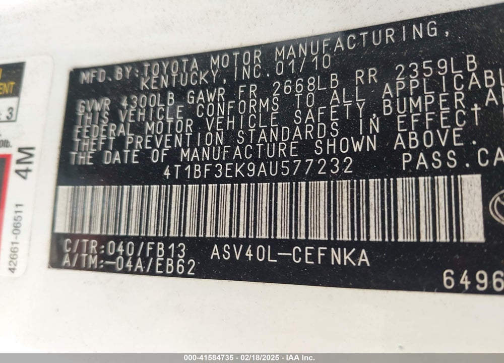 2010 TOYOTA CAMRY VIN: 4T1BF3EK9AU577232