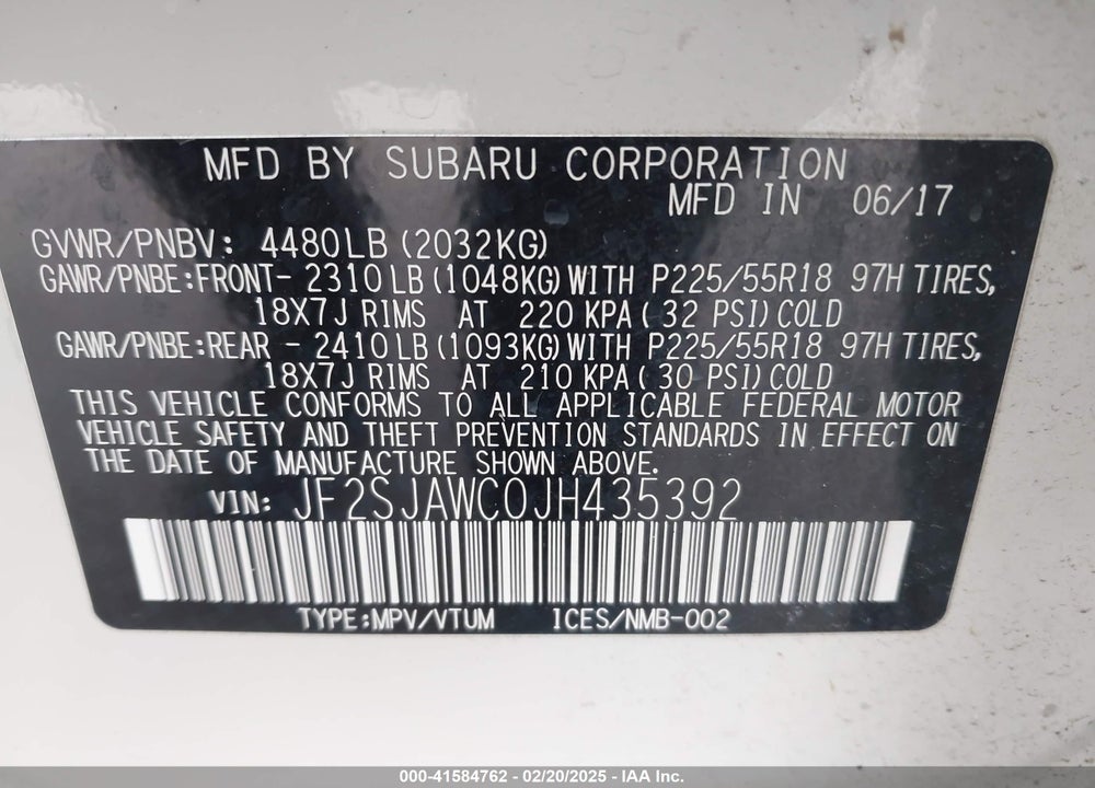 2018 SUBARU FORESTER VIN: JF2SJAWC0JH435392