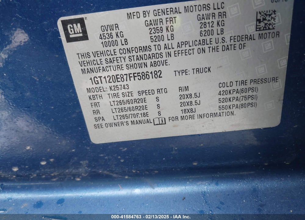 2015 GMC SIERRA 2500HD VIN: 1GT120E87FF586182