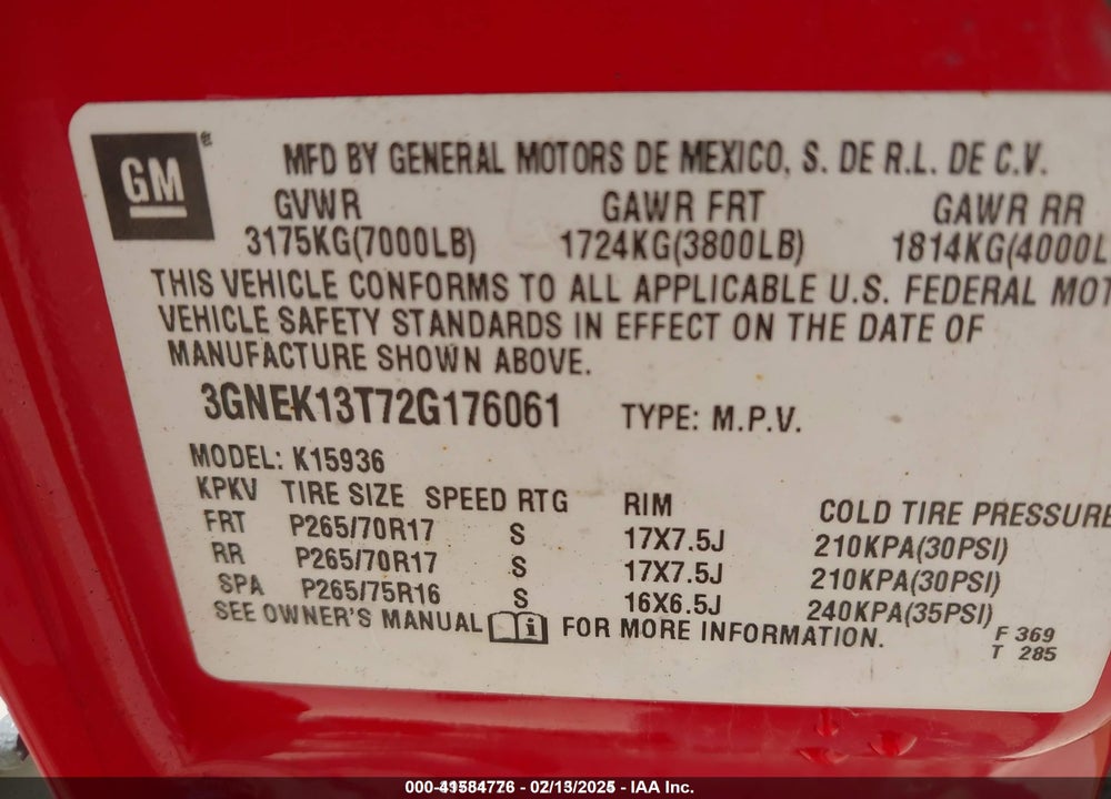 2002 CHEVROLET AVALANCHE 1500 VIN: 3GNEK13T72G176061