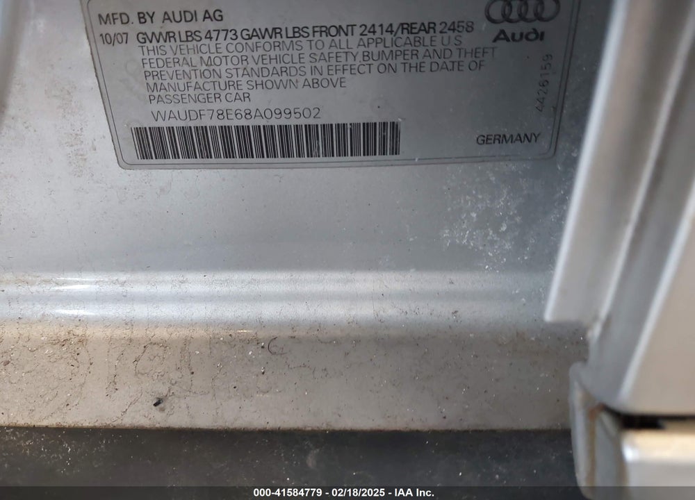 2008 AUDI A4 2.0T VIN: WAUDF78E68A099502