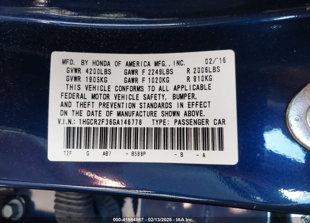 2016 HONDA ACCORD VIN: 1HGCR2F36GA146778