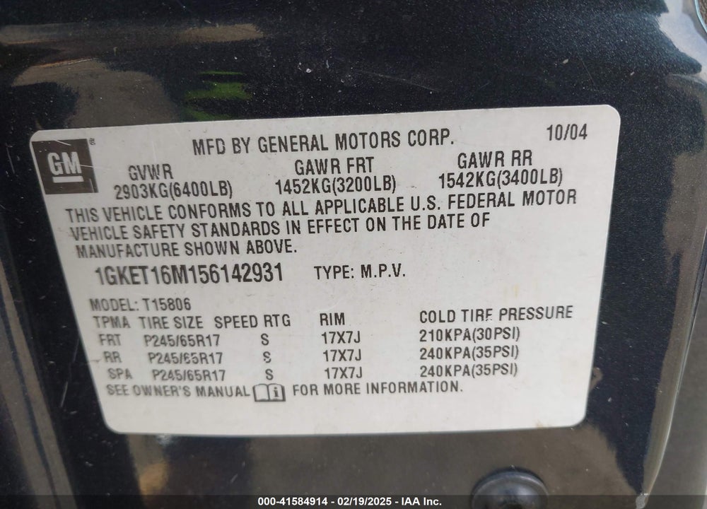 2005 GMC ENVOY XL SLT VIN: 1GKET16M156142931