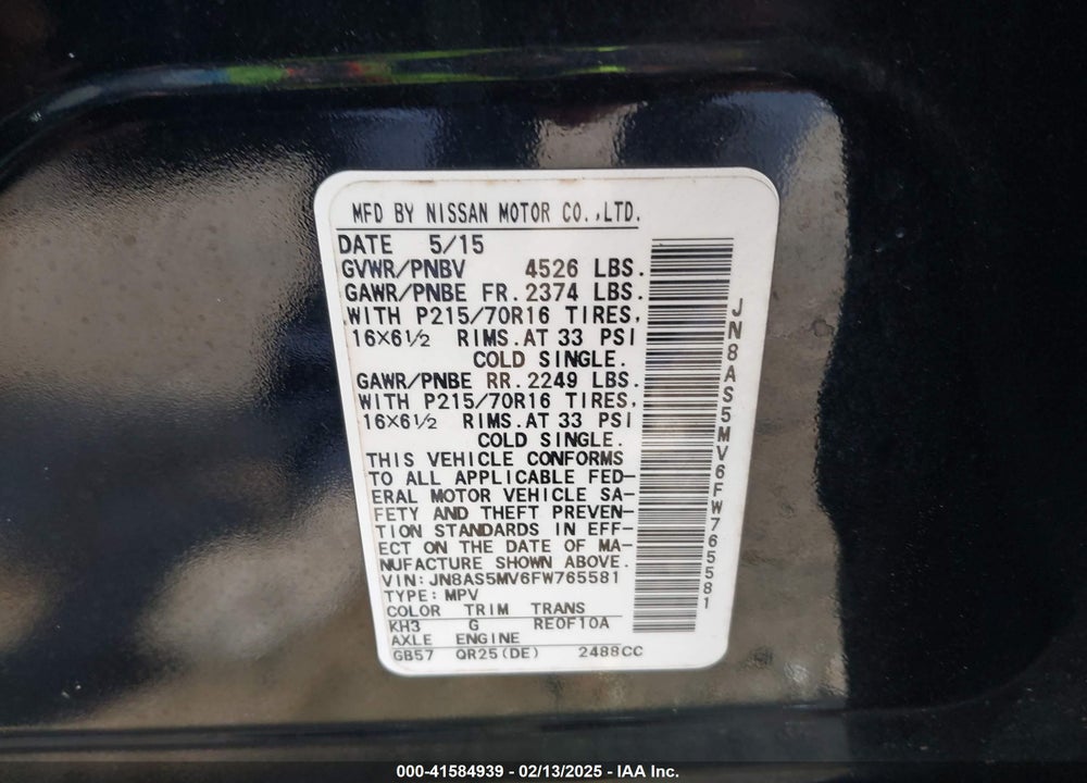 2015 NISSAN ROGUE SELECT S VIN: JN8AS5MV6FW765581