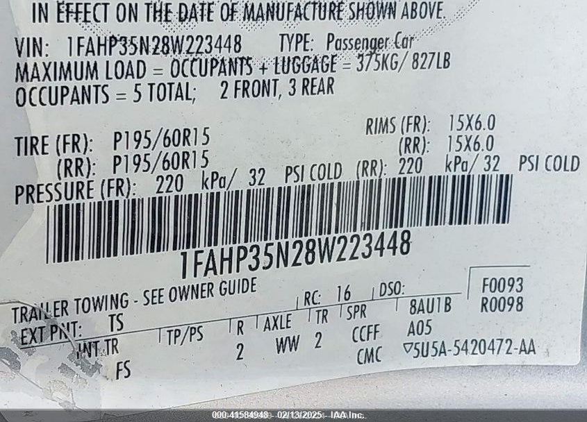 2008 FORD FOCUS SE/SES VIN: 1FAHP35N28W223448
