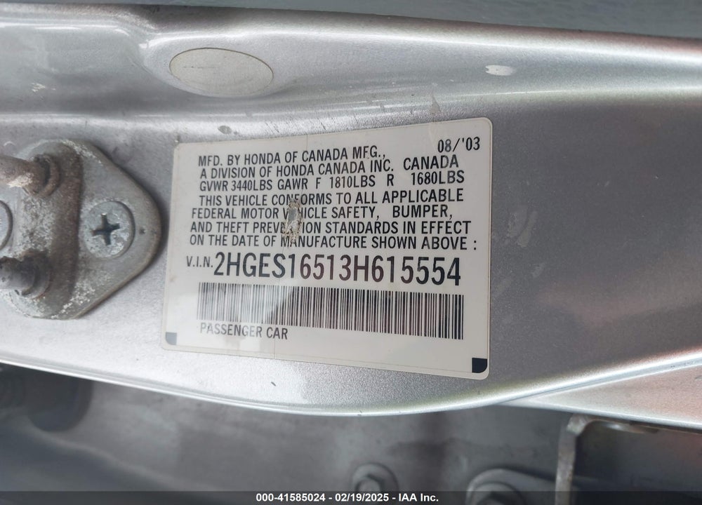 2003 HONDA CIVIC LX VIN: 2HGES16513H615554