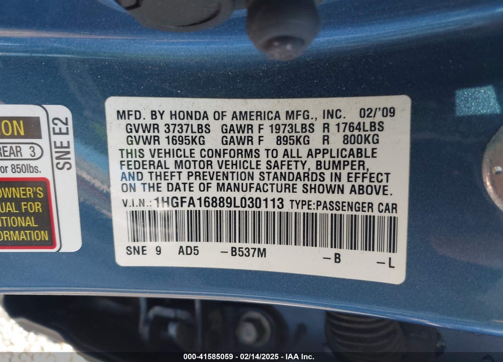 2009 HONDA CIVIC EX VIN: 1HGFA16889L030113