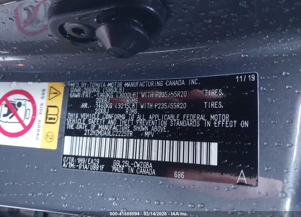 2020 LEXUS RX 350 VIN: 2T2HZMDA9LC222528