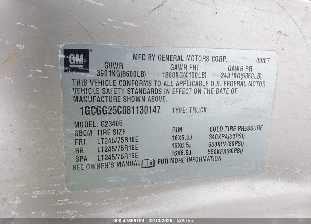 2008 CHEVROLET EXPRESS WORK VAN VIN: 1GCGG25C081130147