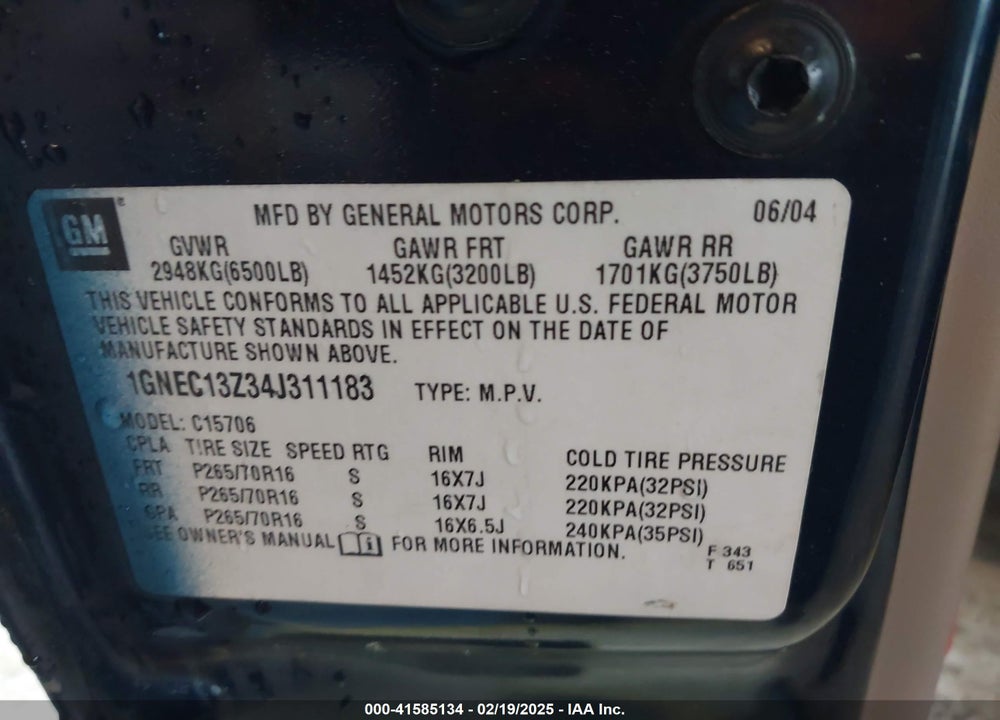 2004 CHEVROLET TAHOE LS VIN: 1GNEC13Z34J311183